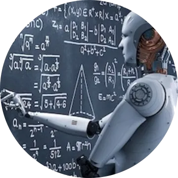 A robot solving a math problem on a chalkboard.