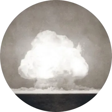 An image of the "Trinity test," the first atomic explosion, on July 16, 1945. The photograph was taken nine seconds after the initial detonation. The test took place in New Mexico.