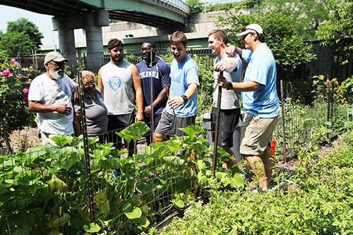 Five football players help a couple with their community garden