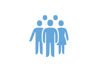 Pale blue and white icon with silhouettes of five people standing together