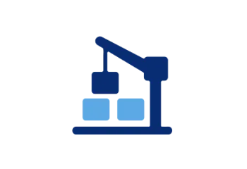 Two-tone blue and white icon of a construction crane