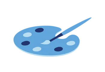 Three-tone blue and white icon of a painters palette and brush