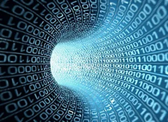 A tunnel of shimmering blue binary code (ones and zeros) snakes around a curve