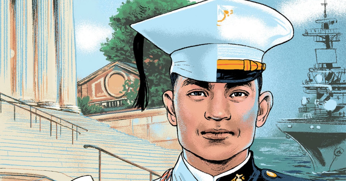 Illustration of a military veteran on the Columbia campus