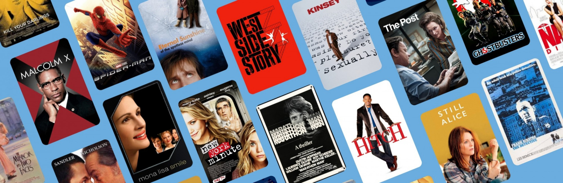 Posters for movies including "Eternal Sunshine of the Spotless Mind," "West Side Story," "Kinsey," Still Alice," "Mona Lisa Smile," "Ghostbusters," Malcolm X' and "Hitch." Parts of each movie were shot on the Columbia University campus.