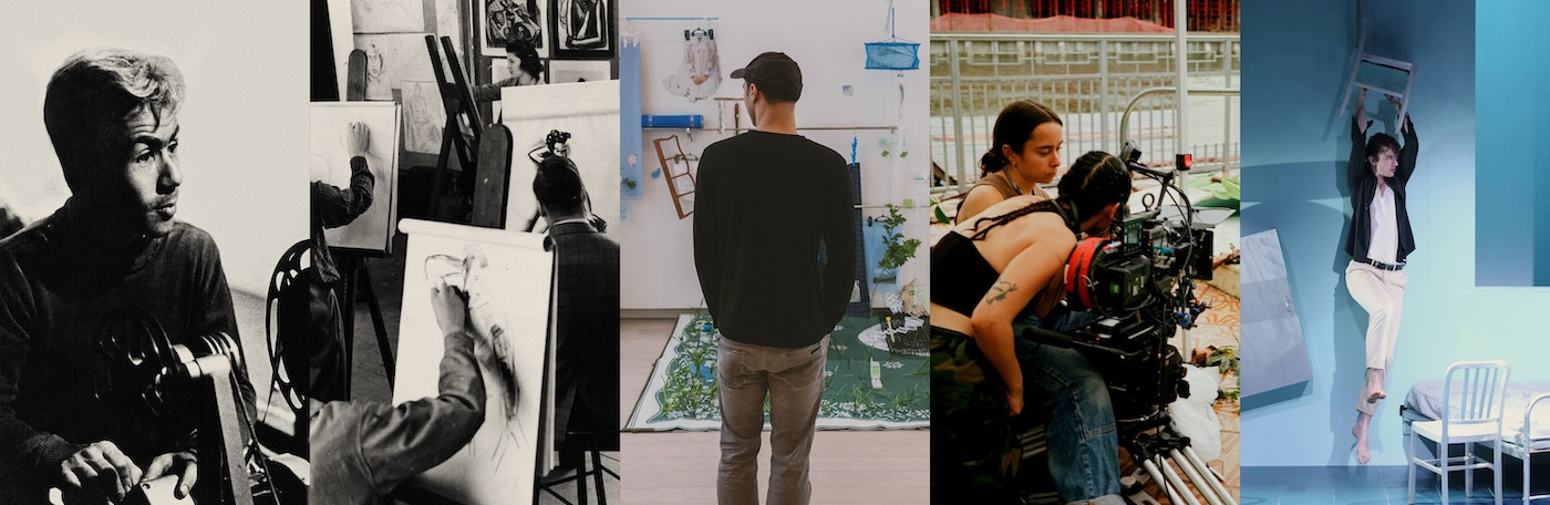 A collage of archival and new photos of students at Columbia's School of the Arts