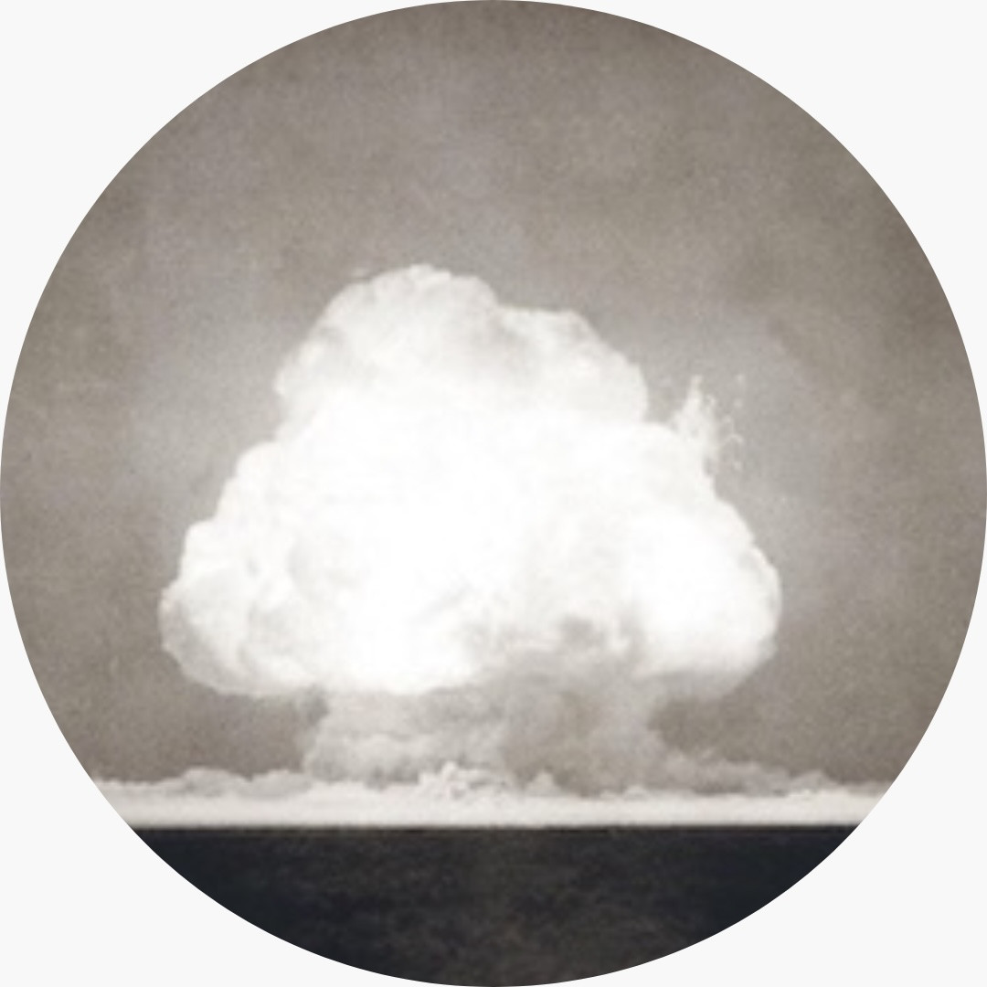 An image of the "Trinity test," the first atomic explosion, on July 16, 1945. The photograph was taken nine seconds after the initial detonation. The test took place in New Mexico.